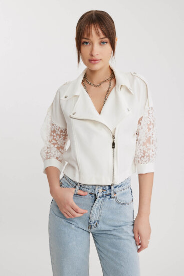 Apolet Detaylı Kolları Tüllü Fermuarlı Ceket - 1