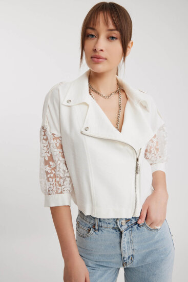 Apolet Detaylı Kolları Tüllü Fermuarlı Ceket - 5