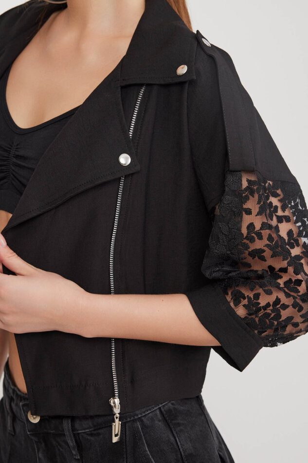 Apolet Detaylı Kolları Tüllü Fermuarlı Ceket - 10