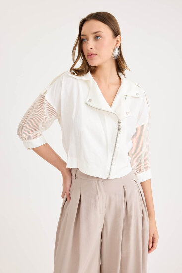 Apolet Detaylı Kolları Tüllü Fermuarlı Ceket - 13