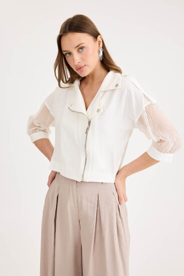 Apolet Detaylı Kolları Tüllü Fermuarlı Ceket - 15