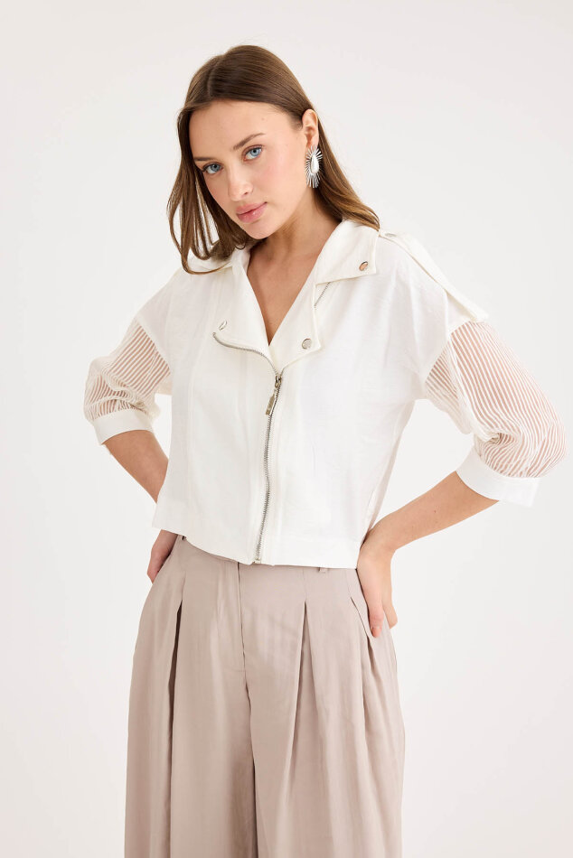 Apolet Detaylı Kolları Tüllü Fermuarlı Ceket - 15