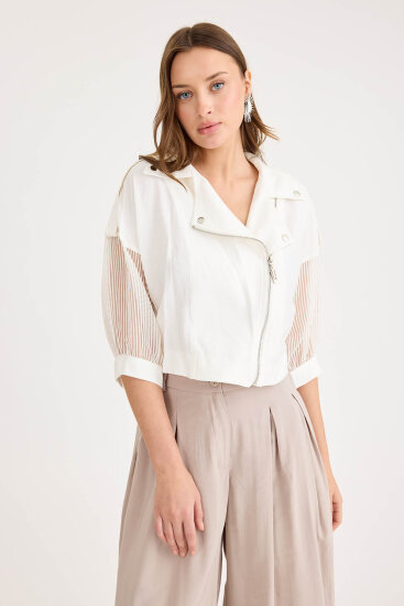 Apolet Detaylı Kolları Tüllü Fermuarlı Ceket - 17