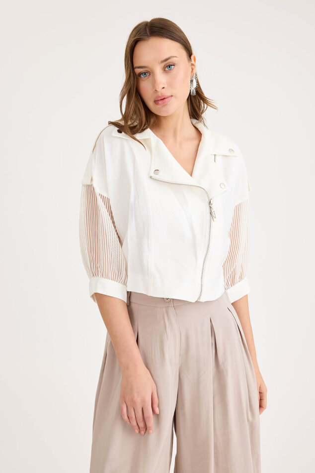 Apolet Detaylı Kolları Tüllü Fermuarlı Ceket - 17