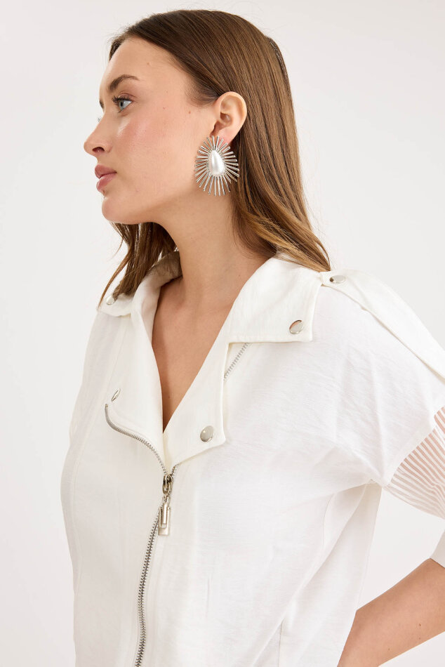 Apolet Detaylı Kolları Tüllü Fermuarlı Ceket - 19