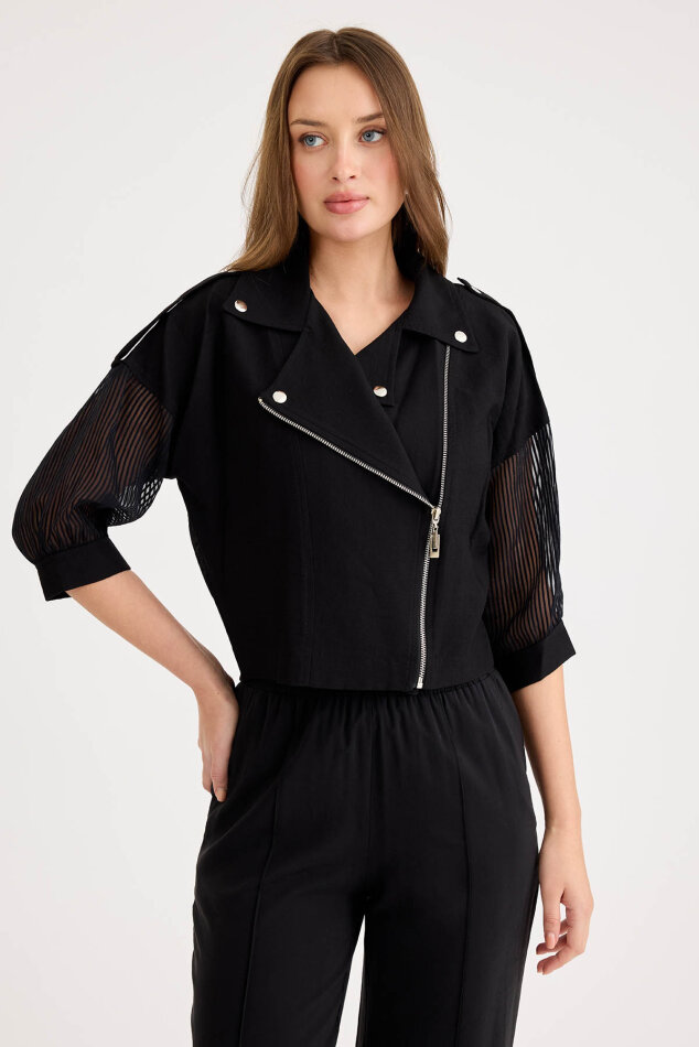 Apolet Detaylı Kolları Tüllü Fermuarlı Ceket - 20