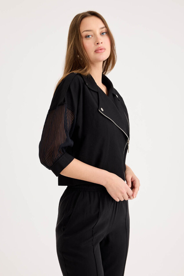 Apolet Detaylı Kolları Tüllü Fermuarlı Ceket - 21