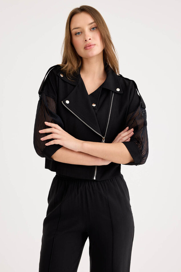 Apolet Detaylı Kolları Tüllü Fermuarlı Ceket - 22