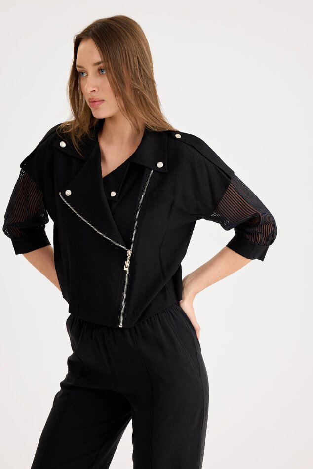 Apolet Detaylı Kolları Tüllü Fermuarlı Ceket - 23