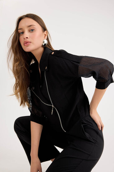 Apolet Detaylı Kolları Tüllü Fermuarlı Ceket - 25