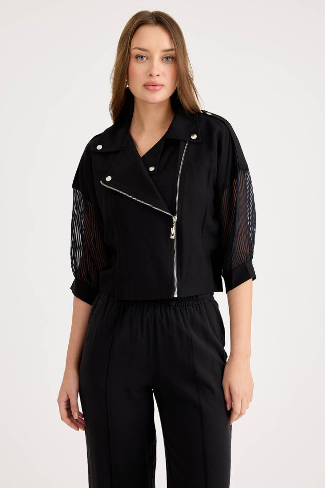 Apolet Detaylı Kolları Tüllü Fermuarlı Ceket - 26