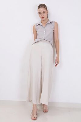 Arka Bel Lastik Detaylı Bol Paça Pantolon - 17