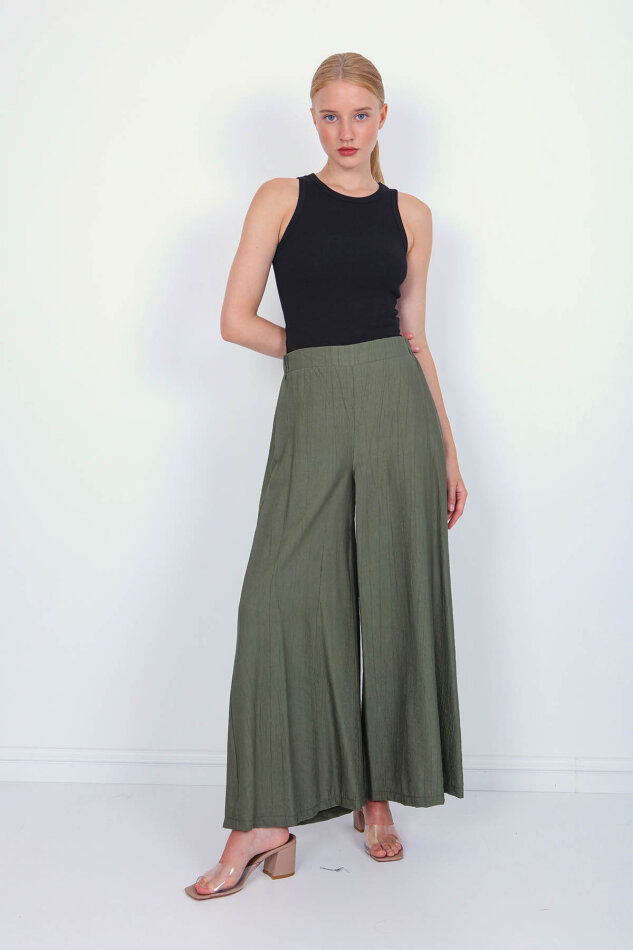 Arkası Lastikli Bol Paça Pantolon - 9