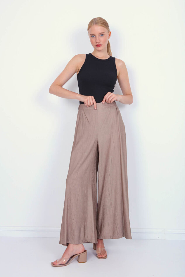 Arkası Lastikli Bol Paça Pantolon - 15