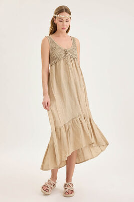 Arkası Lastikli Önü Dantelli Fırfırlı Keten Elbise - Thumbnail (7)