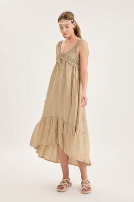 Arkası Lastikli Önü Dantelli Fırfırlı Keten Elbise - Thumbnail (8)