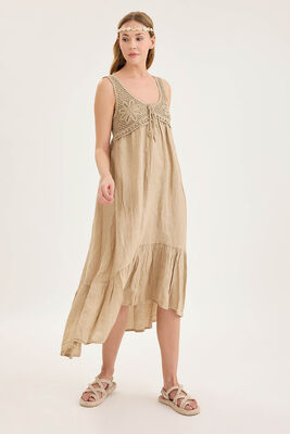 Arkası Lastikli Önü Dantelli Fırfırlı Keten Elbise - Thumbnail (9)