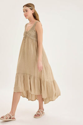 Arkası Lastikli Önü Dantelli Fırfırlı Keten Elbise - Thumbnail (10)