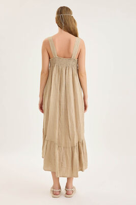 Arkası Lastikli Önü Dantelli Fırfırlı Keten Elbise - Thumbnail (11)