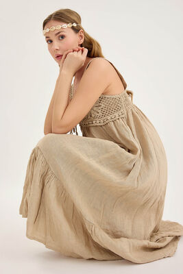 Arkası Lastikli Önü Dantelli Fırfırlı Keten Elbise - Thumbnail (12)