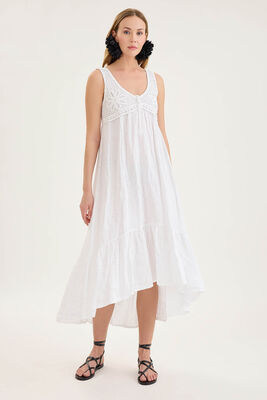 VİTRİN - Arkası Lastikli Önü Dantelli Fırfırlı Keten Elbise (1)