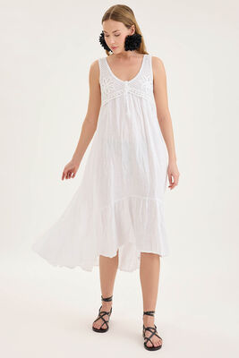 Arkası Lastikli Önü Dantelli Fırfırlı Keten Elbise - Thumbnail (2)