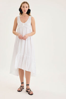 Arkası Lastikli Önü Dantelli Fırfırlı Keten Elbise - Thumbnail (4)