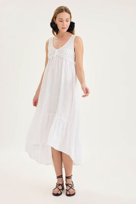 Arkası Lastikli Önü Dantelli Fırfırlı Keten Elbise - Thumbnail (5)