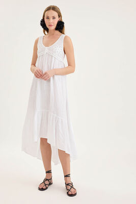 VİTRİN - Arkası Lastikli Önü Dantelli Fırfırlı Keten Elbise