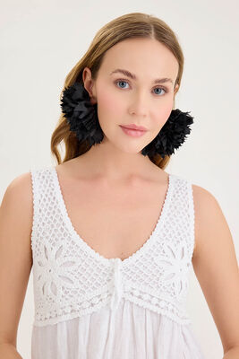 Arkası Lastikli Önü Dantelli Fırfırlı Keten Elbise - Thumbnail (6)