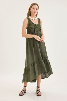 Arkası Lastikli Önü Dantelli Fırfırlı Keten Elbise - Thumbnail (14)