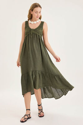 Arkası Lastikli Önü Dantelli Fırfırlı Keten Elbise - Thumbnail (18)