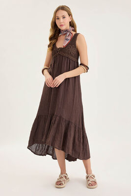 Arkası Lastikli Önü Dantelli Fırfırlı Keten Elbise - Thumbnail (20)