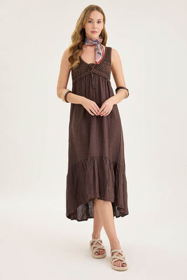 Arkası Lastikli Önü Dantelli Fırfırlı Keten Elbise - Thumbnail (19)