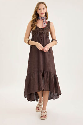 Arkası Lastikli Önü Dantelli Fırfırlı Keten Elbise - Thumbnail (21)