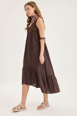 Arkası Lastikli Önü Dantelli Fırfırlı Keten Elbise - Thumbnail (22)