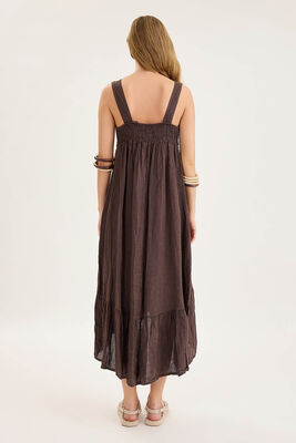 Arkası Lastikli Önü Dantelli Fırfırlı Keten Elbise - Thumbnail (23)