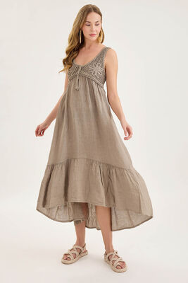 Arkası Lastikli Önü Dantelli Fırfırlı Keten Elbise - Thumbnail (26)