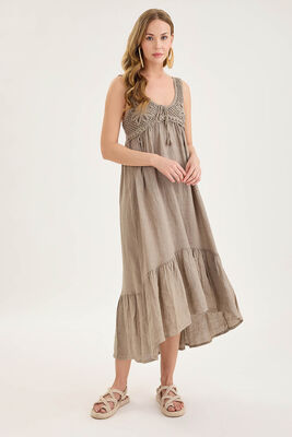 Arkası Lastikli Önü Dantelli Fırfırlı Keten Elbise - Thumbnail (27)