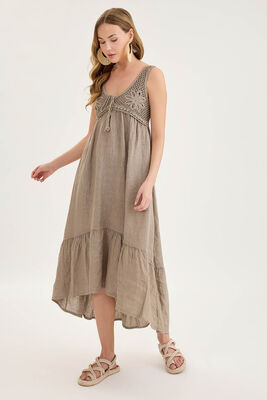 Arkası Lastikli Önü Dantelli Fırfırlı Keten Elbise - Thumbnail (29)