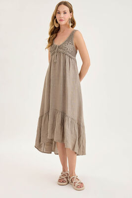 Arkası Lastikli Önü Dantelli Fırfırlı Keten Elbise - Thumbnail (25)