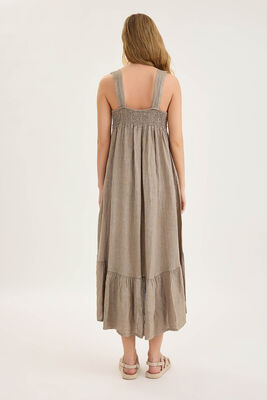 Arkası Lastikli Önü Dantelli Fırfırlı Keten Elbise - Thumbnail (28)