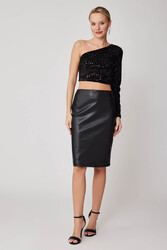 Arkası Yırtmaçlı Deri Kalem Etek - 1