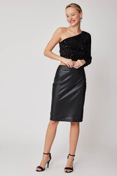 Arkası Yırtmaçlı Deri Kalem Etek - 3