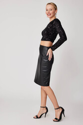 Arkası Yırtmaçlı Deri Kalem Etek - 4