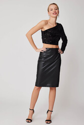 Arkası Yırtmaçlı Deri Kalem Etek - 6