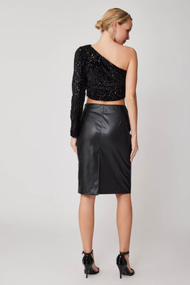 Arkası Yırtmaçlı Deri Kalem Etek - 5