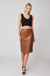 Arkası Yırtmaçlı Deri Kalem Etek - 8