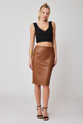 Arkası Yırtmaçlı Deri Kalem Etek - 9