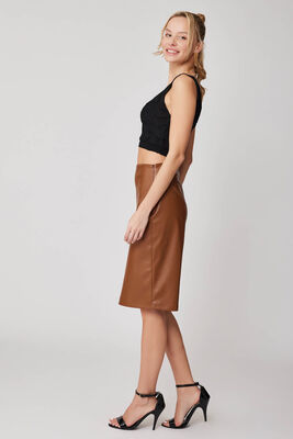 Arkası Yırtmaçlı Deri Kalem Etek - 10